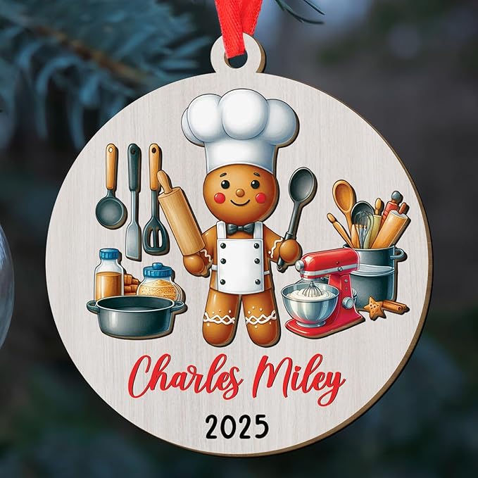 Personalized Chef 3D Wooden Ornament Gift for Dad Grandpa Mom Wife Grandma Family, Master Chef Christmas Tree Ornaments 2025, Custom Year & Name Cook Cooking Lover Ornament for Holiday Appreciation