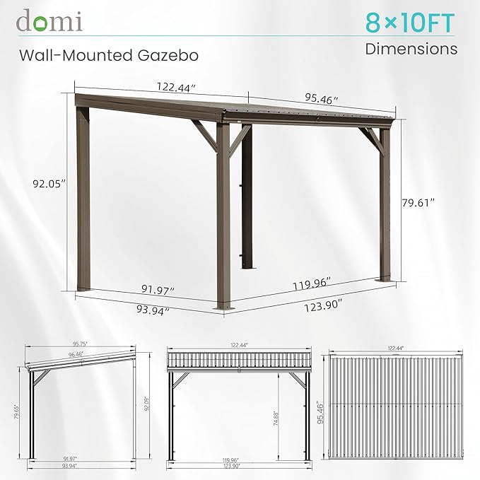 Domi 8' x 10' Lean to Gazebo, Wall Mounted Gazebos Pergola with Built in Drainage System, Galvanized Steel Roof, Hardtop Patio Shelter for Deck, Porch, Backyard and More,Brown