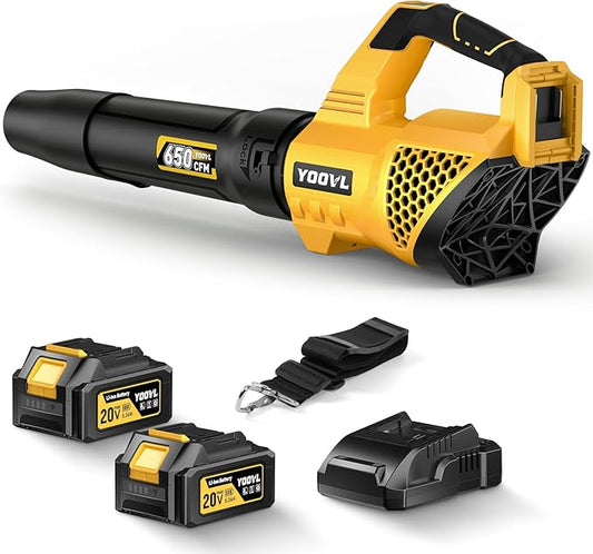 Leaf Blower Cordless, 650CFM Electric Leaf Blowers with 2 x 5.2Ah Batteries and Charger, 3 Speed Modes, 1 x Adjustable Shoulder Strap, Powerful Blowers for Lawn Care, Patio, Dust, Blowing Leaves