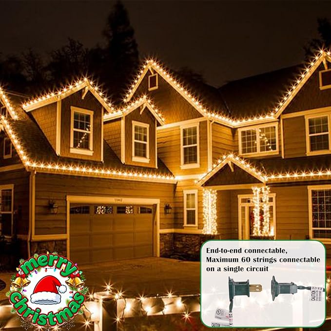 C9 LED Outdoor Christmas Lights,C9 String Lights with Quick Clips,for Xmas House Roof Gutter,Plug in & Connectable,132FT 200 Light,Warm White Faceted