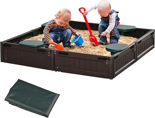 Outsunny Kids Outdoor Sandbox with Cover Garden Bed Sand Pit, Easy Assembly Children's Square Sandbox for Backyard, Brown, 48.5 x 48.5 x 8.25