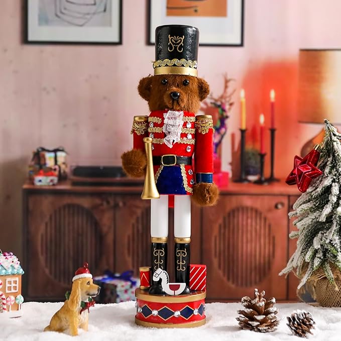 Christmas Nutcracker Decorations Nutcracker Figure 15 Inch Wooden Nutcrackers Teddy Bear Nutcracker Soldier for Table Desktop Home Christmas Decor Xmas Indoor Decor Bear