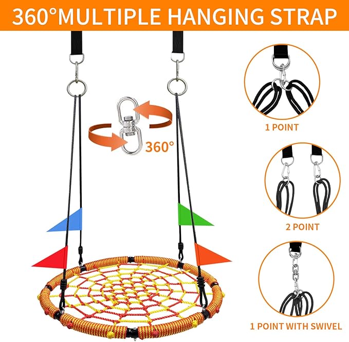 32 Spider Web Swing,Tree Swing for Kids Outdoor,Outdoor Large Web Swings£¬700Lb Weight Capacity, with 71 Detachable Nylon Rope Swivel£¬for Backyard, Playground (Red-y) (32in)