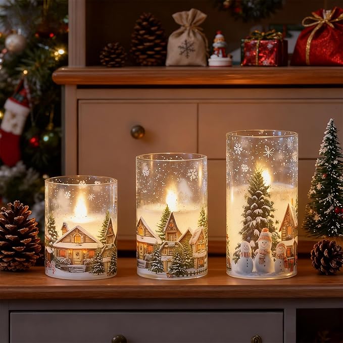 Wondise Chrismtas Snowman Glass Flameless Candles with Remote Timer, Battery Operated Real Wax LED Flickering Pillar Candles with Christmas Tree Decal for Christmas Decoration