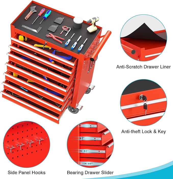 7 Drawers Rolling Tool Box, Portable Storage Tool Chest with Wheels, Toolbox with Lock for Warehouse, Garage, Repair Shop and Tool Room (Red)