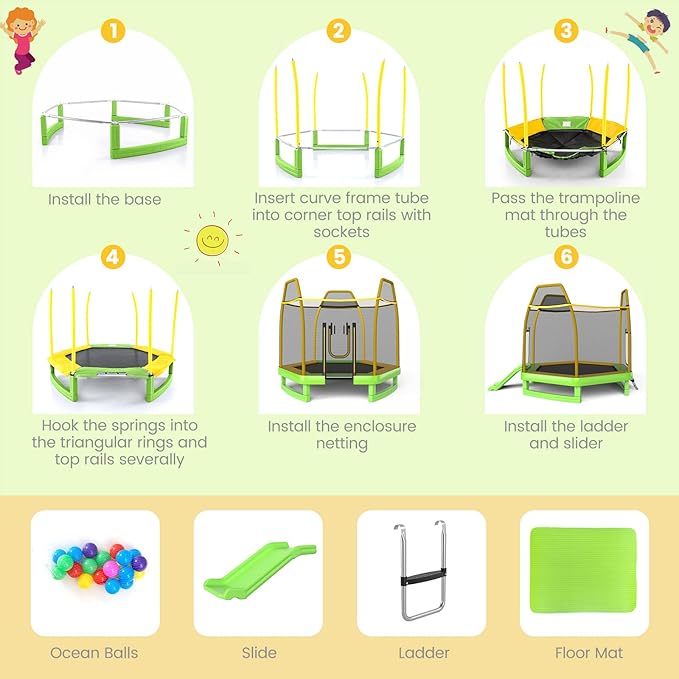 Goplus 7 FT Kids Trampoline with Slide, 87¡± ASTM Approved Toddler Trampoline with Galvanized Steel Frame & Safety Enclosure Net, Ladder, Indoor Outdoor Recreational Rebounder for Kids