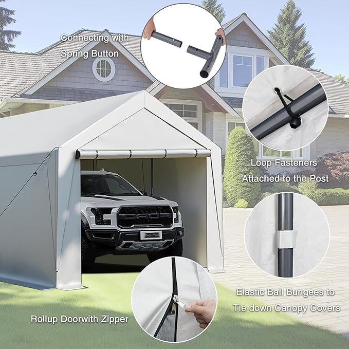 10x20 ft Heavy Duty Carport, Carports Garage with Removable Sidewalls and Reinforced Structure, Outdoor Car Canopy Tent Shelter for Vehicle and Boat (White)