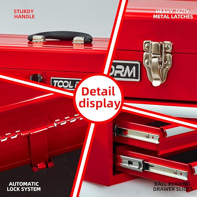 20.3¡° Metal Tool Box with Drawer Portable Steel Tool Box with Liner and Latch Closure and Lock for Garage, Home and Warehouse (Red-2 Drawers)