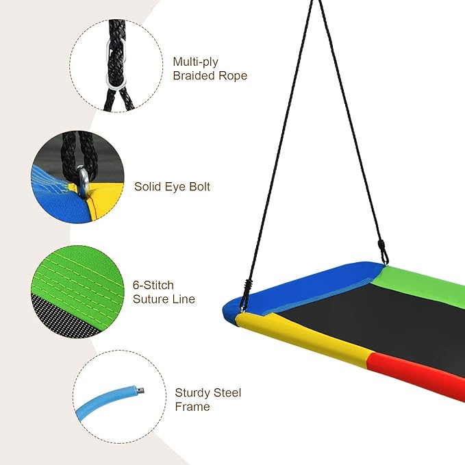 Costzon 700lb Giant 60'' Platform Tree Swing for Kids and Adults, Wear- Resistant Indoor/Outdoor Rectangle Swing with Durable Steel Frame and 2 Hanging Straps for Porch, Backyard (Rainbow)