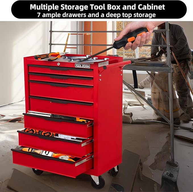 7-Drawer Rolling Tool Chest with Locking Wheels & Drawers, 13 D x 24.2 W x 34.6 H Mobile Tool Storage Cabinet, Heavy-Duty Garage Organizer w/Ergonomic Handle