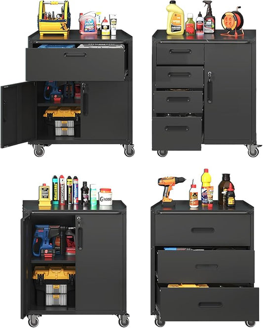 Metal Tool Cabinet,Garage Storage Cabinet System,Wall Cabinet & Locking Rolling Tool Cabinet with Doors and Adjustable Shelves,Steel Tool Cabinets for Home (4 Pcs-StyleC, Black)