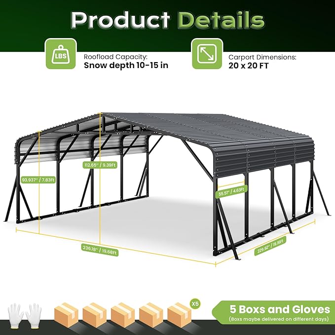 20x20FT Metal Carport, Heavy Duty Car Garage w/Reinforced Support Rods and Windproof Ground Anchors, All-Weather Multi-Use Outdoor Shelter for Car, Boats and Truck