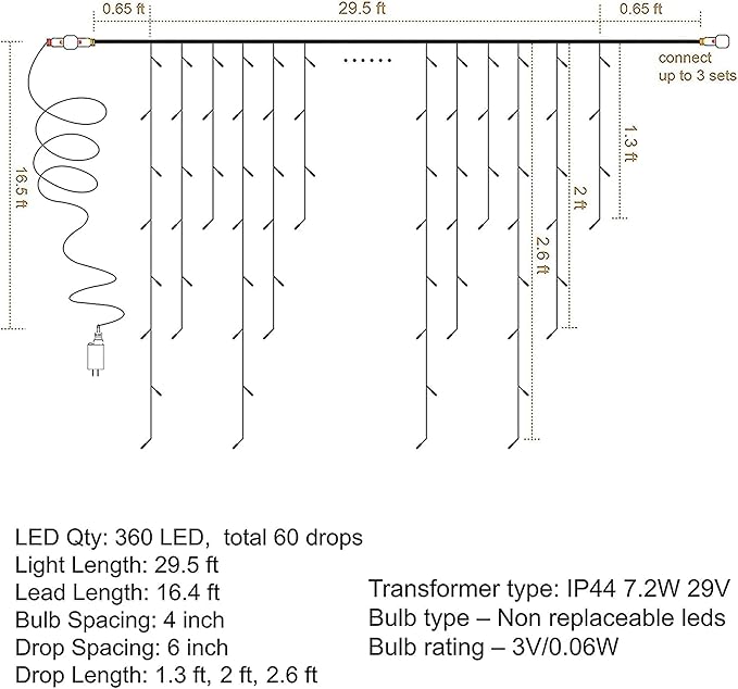 Dazzle Bright 360 LED Christmas Icicle Lights, 29.5 FT 8 Modes Curtain Fairy Lights with 60 Drops, Connectable Xmas String Lights for Outside Holiday Wedding Party Decorations (White)