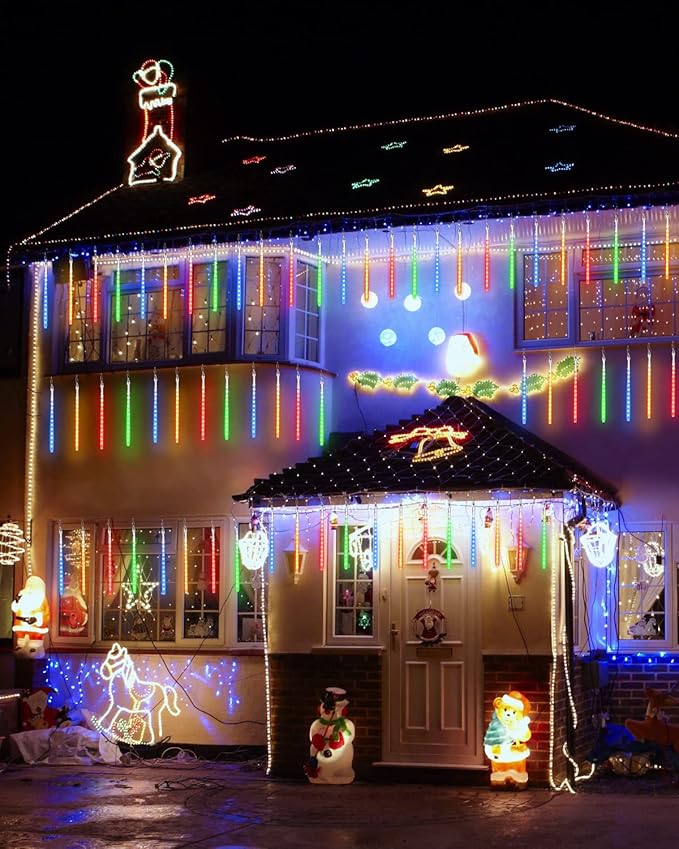 Flacchi Multicolor 20 Tubes Meteor Shower Icicle Light 480 LED Raindrop Lights with Timer Function Cascading Falling Rain Lights for Holiday Party Christmas Decorations