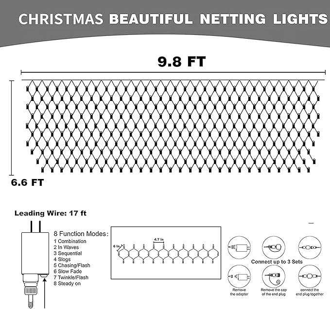 Dazzle Bright Christmas 200 LED Net Lights, 9.8FT x 6.6FT Green Wire Connectable Mesh Lights with 8 Modes, Christmas String Lights for Xmas Indoor Outdoor Garden Party Decorations (Multi-Colored)