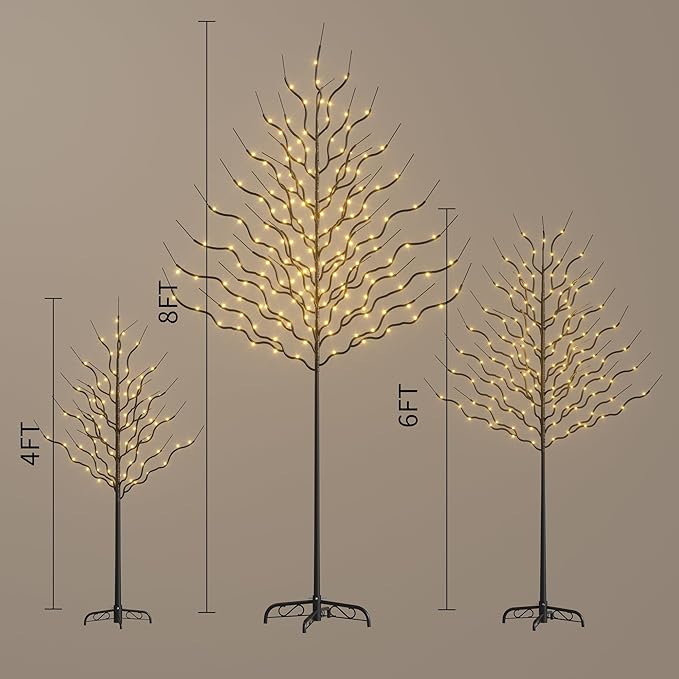 Outdoor Christmas Decorations Lighted Tree Set of 3, Light Christmas Tree Including 4 feet, 6 feet, and 8 feet, Christmas Tree Decorations with Warm White LED, Black Metal Branch for Holiday