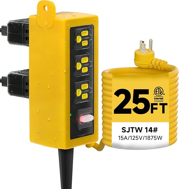 IP66 Outdoor Power Strip Waterproof,Heavy Duty Surge Protector, 25 FT Extension Cord, All-Weatherproof,6AC, Suitable for Outdoor, Work Room, Patio Gardens, Pool Parties,Yellow