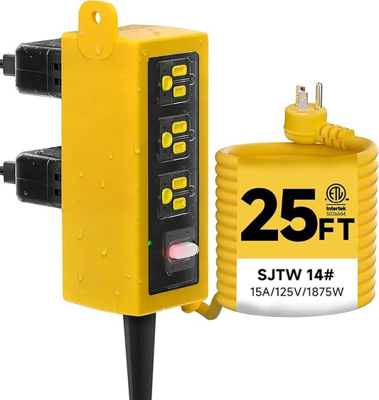 IP66 Outdoor Power Strip Waterproof,Heavy Duty Surge Protector, 25 FT Extension Cord, All-Weatherproof,6AC, Suitable for Outdoor, Work Room, Patio Gardens, Pool Parties,Yellow