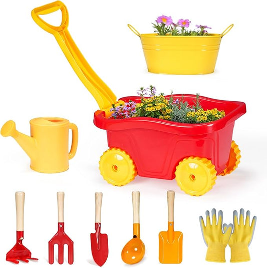 Kids Gardening Tools Set 9 pcs Wheelbarrow Set for Toddler with DIY Flowerpot,Watering Can,Shovel,Rake,Beach,Garden,Outdoor Backyard Farm Digging Play Set Toys,3-8 Year Old Boy Girl Gift