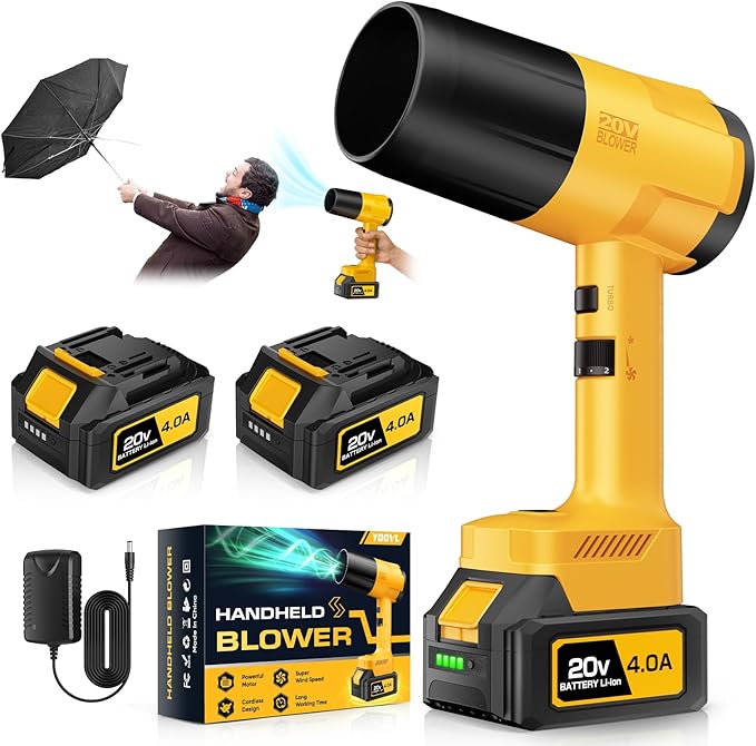 Leaf Blower Cordless, Handheld Leaf Blower with 2 Battery and Charger, 6 Speed Modes, Lightweight Blower for Patio, Lawn, Yard, Dust, Blowing Leaves,Yellow
