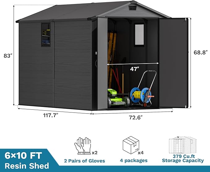 Devoko 6x10 FT Plastic Outdoor Storage Shed - Lockable Resin Tool Shed with Window & Floor - Easy Assembly for Garden, Backyard, Deep Gray