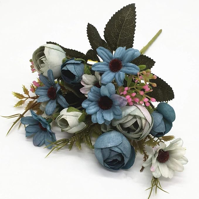 CATTREE Artificial Peony Bud Mixed Flowers, Plastic Plants Silk Fake Flowers Bouquet Bridal Home Garden Office Kitchen Bathroom Table Centerpieces Wedding Decor Decorations 4 pcs - Blue