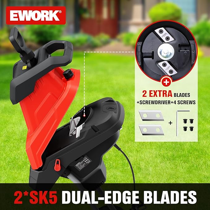 EWORK 15-Amp Electric Wood Chipper Shredder, Brushless Motor Garden Mulcher for Composting & Yard Waste, 1.77 Cutting Capacity Branch Crusher with 15:1 Reduction Ratio, 4500 RPM Silent Design