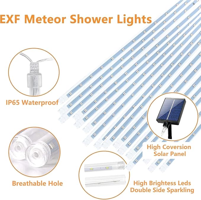 Solar Meteor Shower Lights Outdoor Waterproof, Christmas Lights Solar Powered Decorations, 16 Tubes 384LED Icicle String Light, Falling Raindrop Light for Christmas Xmas Tree Party Garden Decor(Blue)
