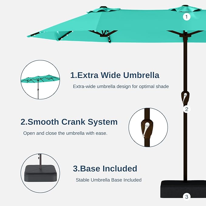 13FT Double-Sided Patio Umbrella with 48 Solar LED Lights, Large Rectangular Outdoor Market Umbrella with Crank Handle, Vented Canopy, Heavy-Duty 12 Rib Steel Frame, for Backyard, Garden, Pool, Turquoise Blue
