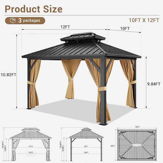 Outdoor Hardtop Gazebo 10x12 FT Heavy Duty Aluminum Gazebo with Double Roof, Metal Frame Patio Canopy with Netting, All-Weather Protection Metal Canopy for Patio, Garden, Poolside (Khaki)