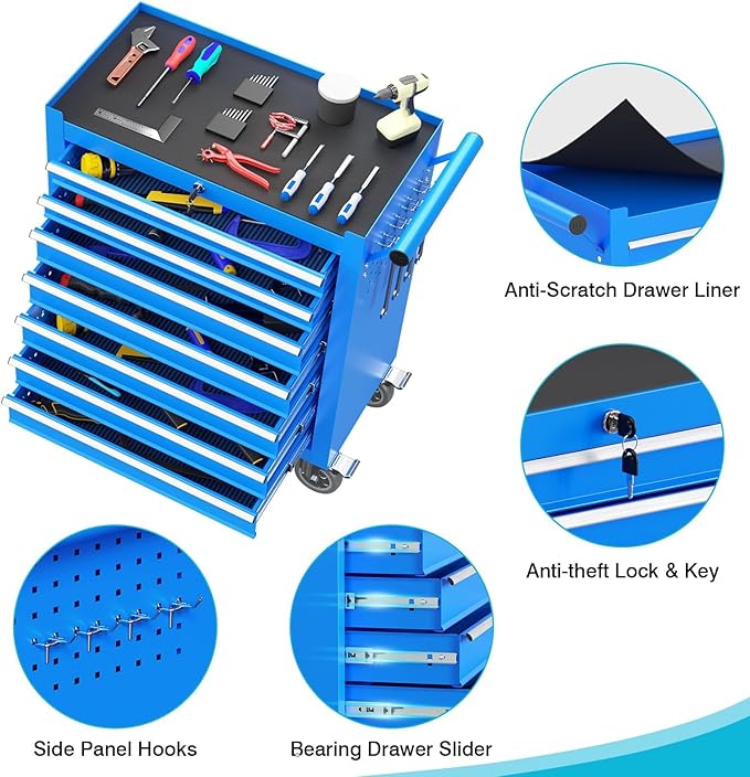 7 Drawers Rolling Tool Box, Portable Storage Tool Chest with Wheels, Toolbox with Lock for Warehouse, Garage, Repair Shop and Tool Room (Blue)