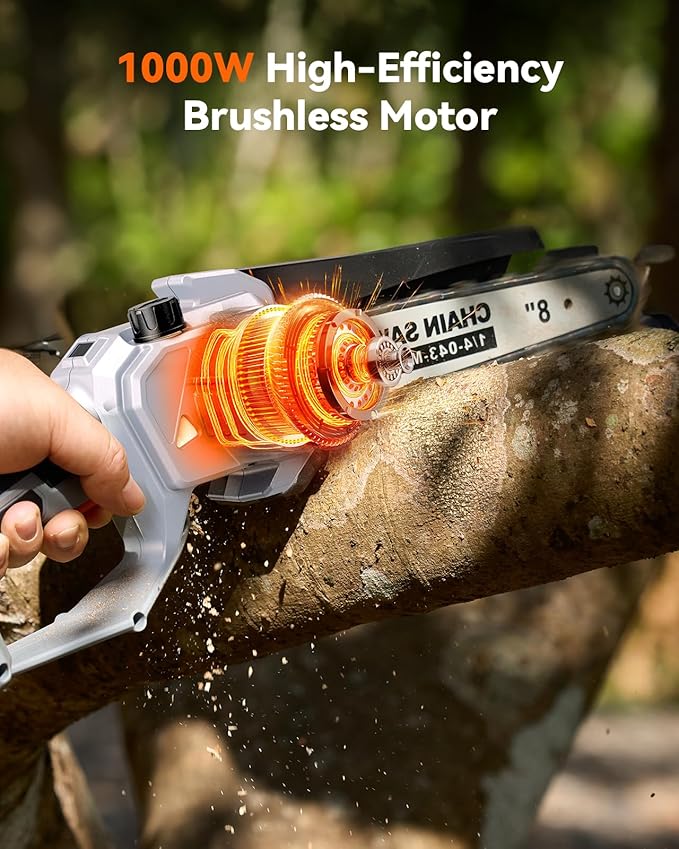 8-Inch Mini Chainsaw Cordless, Brushless Motor, 2¡¿2000mAh Batteries, Lightweight Handheld Electric Chain Saw for Cutting Thick Branches, Tree Trimming, Wood Cutting, Easy to Use & Maintain