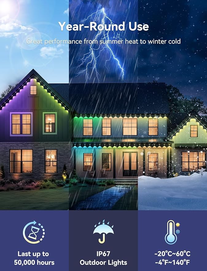 Permanent Outdoor Lights, Smart Outdoor LED String Lights,Christmas Lights RGB Color Changing,Scene Modes, IP67 Waterproof, App Control,Holiday, Party,Christmas Decorations