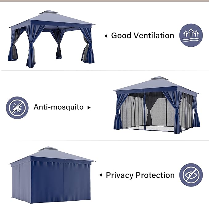 LAUSAINT HOME Semi-Permanent Outdoor Patio Gazebo 12'x12' with Expansion Bolts, Heavy Duty Party Shelter with Double Roofs, Mosquito Nettings and Sidewalls for Backyard, Garden, Lawn, Navy Blue
