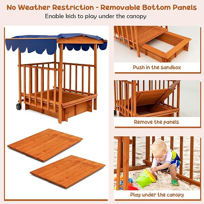 Costzon Kids Retractable Sandbox with Canopy, Wooden Cedar Cabana Playhouse w/Large Play Area, Rear Wheels and Guardrails for Backyard Garden Lawn Beach, Sandbox with Lid for Children Outdoor Play