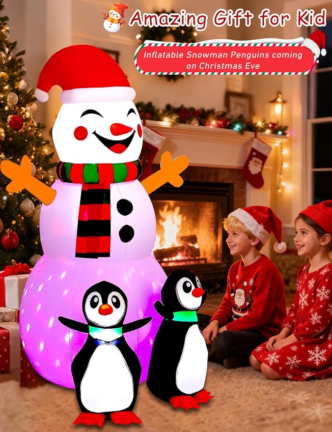 6FT Christmas Inflatables Outdoor Decorations,Inflatable Snowman with 2 Penguins Build-in LED Light-Christmas Blow Up Yard Decorations for Indoor/Outdoor Holiday Garden Lawn Yard Patio