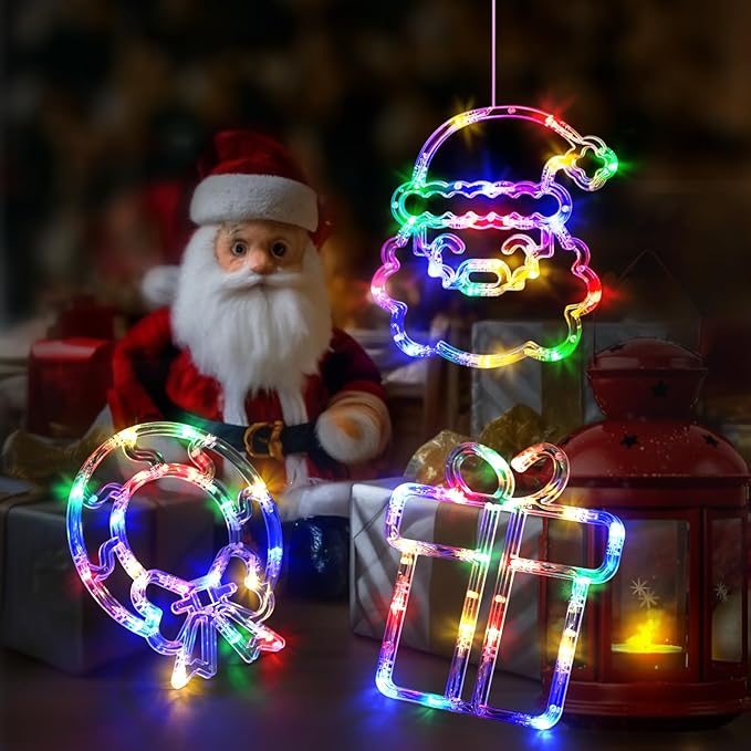 LOLStar Christmas Window Decorations, 3 Pack USB Multicolor Wreath, Gift Box, Santa Claus Xmas Indoor Window Lights, 8 Flashing Modes LED Lights for New Year, Home, Party, Room Decors