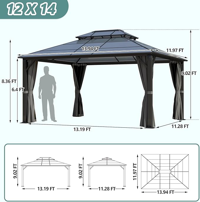 12'x14' Hardtop Gazebo, Outdoor Polycarbonate Double Roof Gazebos with Netting and Curtains, Heavy Duty Metal Pavilion for Patio, Backyard, Deck and Lawn