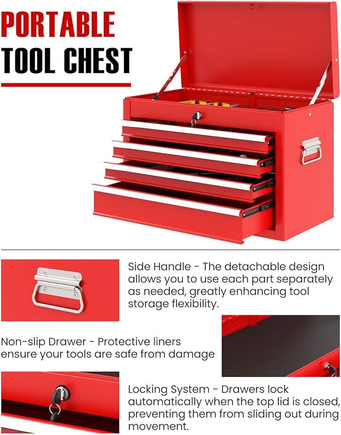 ARNOT 2-in-1 Rolling Tool Chest with 5 Drawers, Heavy-Duty Metal Tool Box with Wheels, Detachable Top Tool Box & Rolling Tool Cabinet for Garage, DIY (6-Drawers Whith Middle Box, Red)