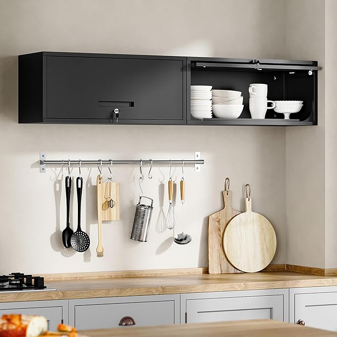 Yizosh Metal Garage Cabinet with Doors, Wall Mounted Storage Cabinet, Floating Tool Cabinet for Basement, Kitchen, Warehouse (Black, 13.7 H)