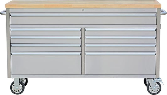Tool Chest, 61 Inch Tool Box Mobile 9 Drawers Storage Rolling Cabinet with Wheels Lock Key Locking System Drawer Liners for Garage Warehouse Repair Shop, Sliver