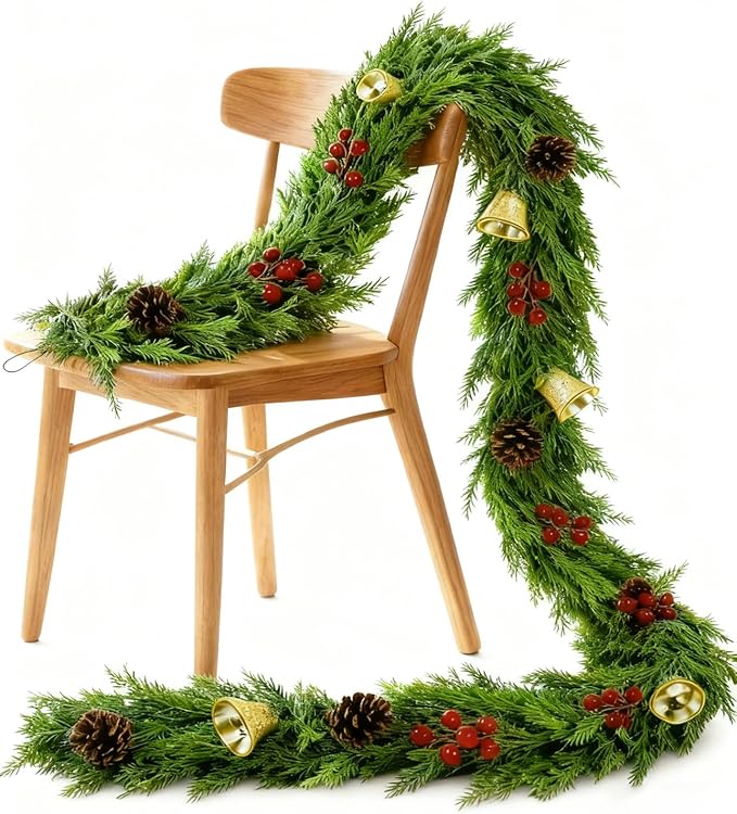 Christmas Cedar Garland Artificial Realistic 6ft Mantle Faux Pine Garlands Realistic Cypress Greenery for Indoor Outdoor Stairs Railing Fireplace Mantle Door Decor(2Pcs)