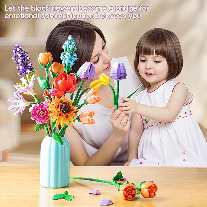 Sawaruita Flowers Bouquet Botanical Building Block Sets for Adult-9 Kind of Wildflowers Botanical Collection with Vase- Plants Toys for Kids Home Decor for Mothers Day,Valentines,Birthday Gifts