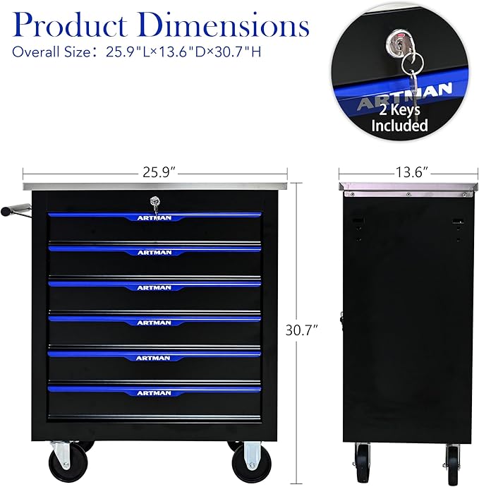 RYH 4/5/6/7 Drawers Rolling Tool Chest -Heavy Duty Mobile Metal Tool Box with Locking Wheels, with Stainless Steel Worktop, Garage Tool Storage Cabinet (Black-Blue, 6-Drawers 30.7 H¡¿25.9 W)