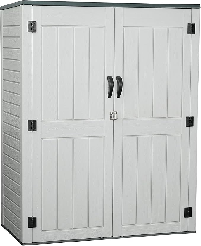 Vertical Resin Storage Shed with 2 Shelves, 60 Cuft Garden Tool Sheds & Outdoor Storage, Plastic Outdoor Storage Cabinet Waterproof, 4.5 x 2.3 ft Backyard Outside Lawn Mower Storage Shed, White