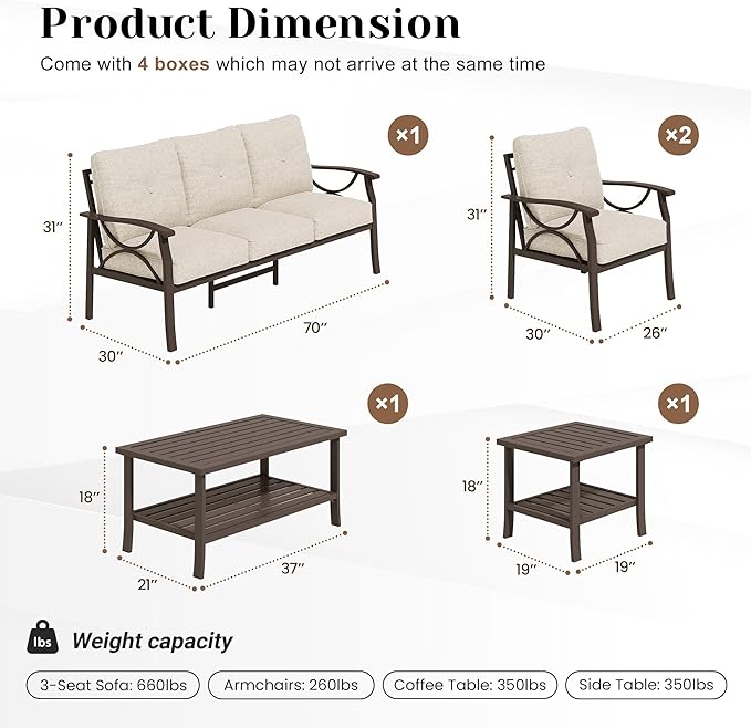 5-Piece Outdoor Patio Furniture Set, Outdoor Metal Sectional Furniture with Cushions, Outdoor Conversation Seating Set with Side Table for Deck, Backyard, Garden, Balcony, Khaki