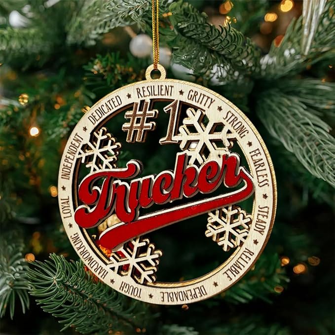 #1 Trucker Wooden Christmas Ornament – Truck Driver Holiday Tree Decoration, Gift for Truckers, CDL Drivers, Dad or Husband, Rustic Red Snowflake Ornament for Trucking Lovers