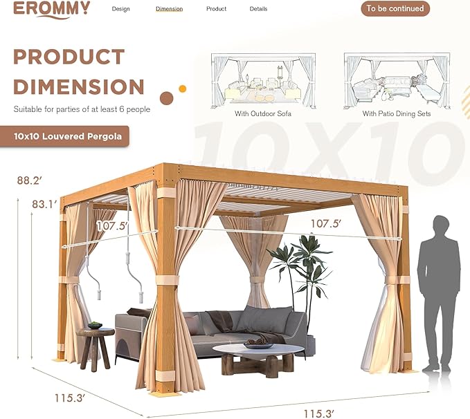 EROMMY Louvered Pergola 10' x 10' Outdoor Hard Top Gazebo with Wooden Grain Aluminum Frame and Adjustable Metal Rainproof Roof for Garden & Patio, Curtains and Netting Included, Wood Grain