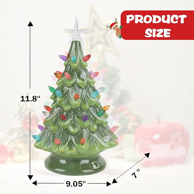 Ceramic Christmas Tree 12 Inch Tabletop Christmas Tree Vintage Christmas Decoration Battery Operated Mini Green Xmas Trees with Multicolored Lights