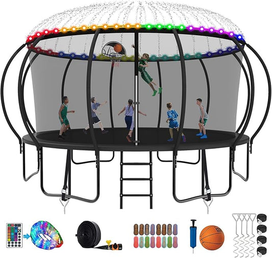 SKYUP 2026 Upgraded 8 10 12 14 15 16 FT 1500lbs Tranpoline for Kids and Adults with Light+Sprinkler+Socks, Recreational Tranpoline with Basketball Hoop, Ladder, ASTM Approved Tranpoline for 7-10 Kids